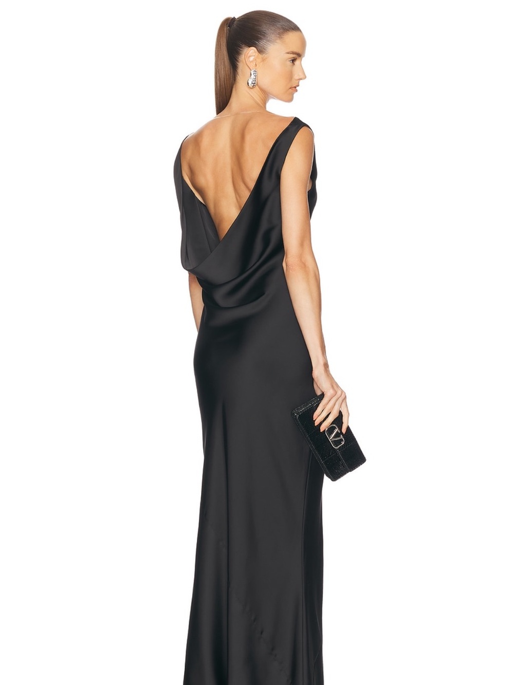 Norma Kamali Elegant Black Satin Draped-Back Evening Dress